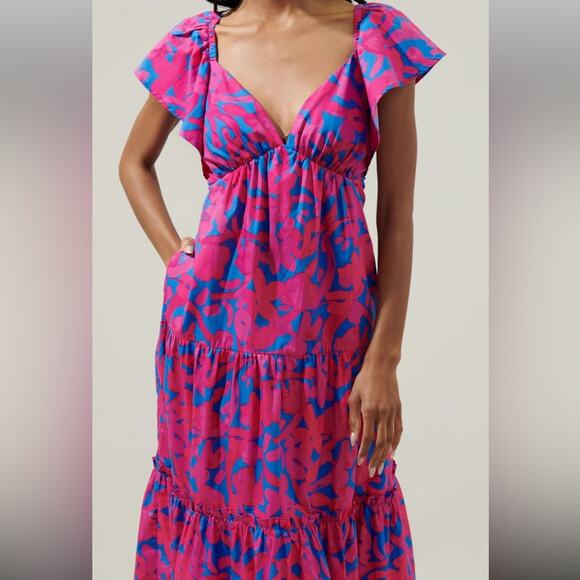 Sugarlips Pink and Blue Floral Yeraldi Berry Fiora Ruffle Open Back Midi Dress S - Picture 3 of 11